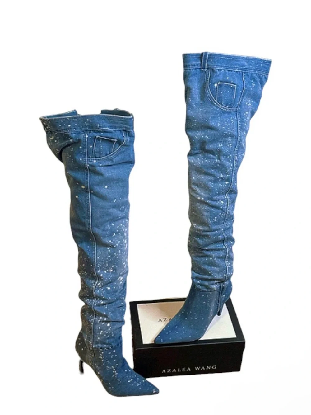 Azalea wang Rare Western Y2K Denim thigh-high stiletto pointed toe boots size 6